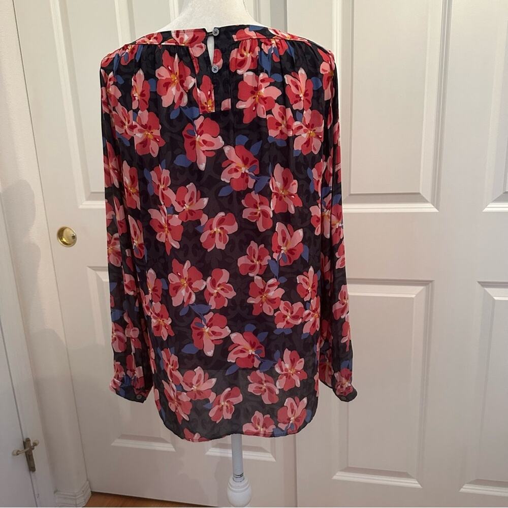 Loft Long Sleeve Floral Print Top, Size M. Black background with peach flowers - Picture 3 of 8
